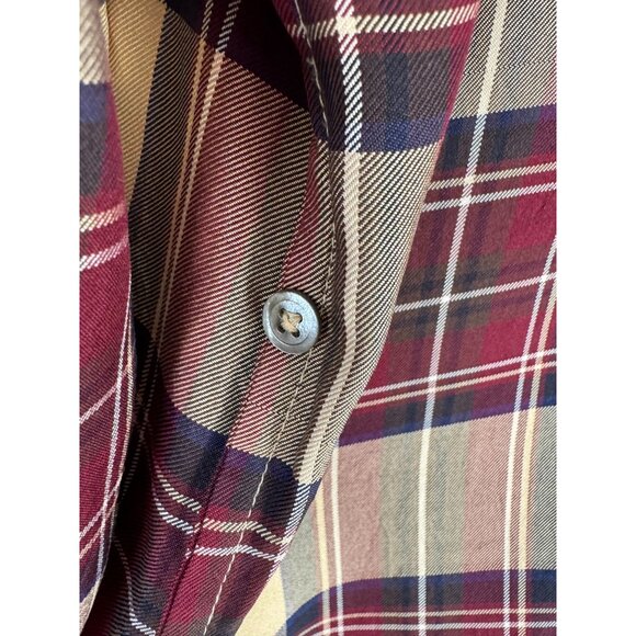Vintage Classiques Entier 100% Silk Tan Burgundy Tartan Plaid Button Up Shirt XL - Picture 10 of 11